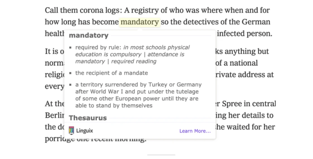 Boost your understanding and sharpen your vocab with the built-in dictionary that lets you stay in one place.